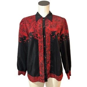 Leslie Fay Women's Vintage Red & Black Festive Paisley Button Up Shirt Size 12